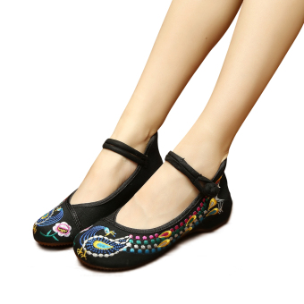 Veowalk Peacock Embroidered Women Casual Cotton Flat Shoes Strappy Asian Ladies Old Beijing Walking Canvas Ballets Black - intl  