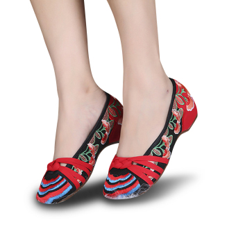 Veowalk Pelangi bordir katun kasual sepatu wanita Flat slip pada kenyamanan gaya CINA wanita LEmbut PERAHU kain BALET Hitam - internasional  