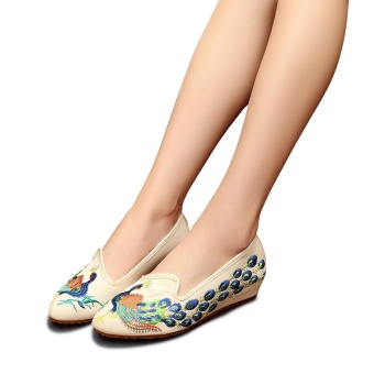 Veowalk Pointed Toe Peacock Sequins Embroidered Women Casual Canvas Ballet Flats Slip on Comfort Soft Jeans Shoes Beige - intl  