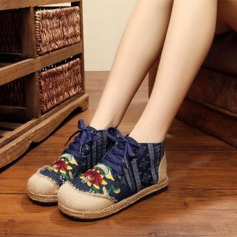 Veowalk Thai Style Women Casual Linen Hemp Flat Platforms Cotton Floral Embroidered High Top Lace up Shoes for Ladies Blue - intl  