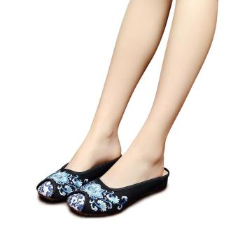 Veowalk Women Casual Cotton Fabric Slide Slippers Chinese Style Flower Embroidered Canvas Flat Sandal Shoes for Asian Ladies Black - intl  