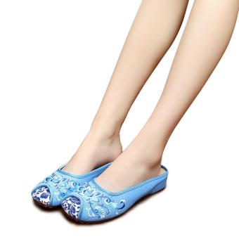 Veowalk Women Casual Cotton Fabric Slide Slippers Chinese Style Flower Embroidered Canvas Flat Sandal Shoes for Asian Ladies Blue - intl  