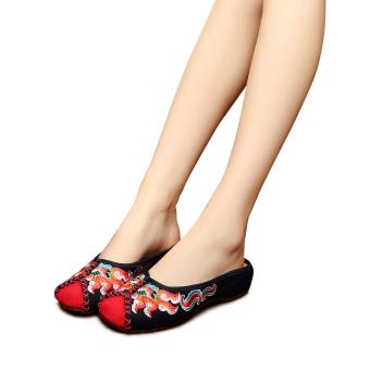 Veowalk Women Casual Cotton Patchwork Fabric Slide Slippers Soft Sole Chinese Style Flower Embroidered Canvas Flat Sandal Shoes for Asian Ladies Black - intl  