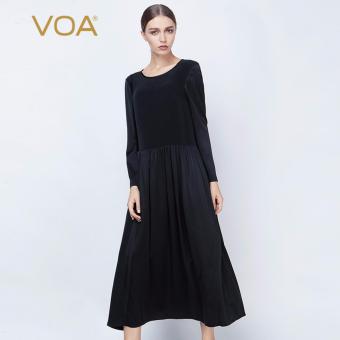 VOA Black Heavy Silk Fashion Slim Thin Stitching Round Neck Dress - intl  
