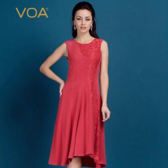 VOA Dark Red Silk Dress Slim Lace Sleeveless O- neck Knee Length Dress - intl  