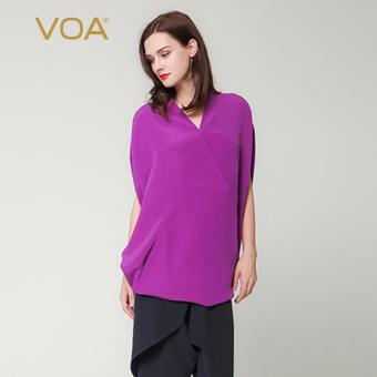 VOA Lavender Purple V-neck New Female Thick Autumn Short Sleeves Straight Silk T-shirts - intl  