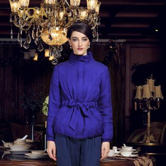 VOA Navy Blue Silk Jacquard Parkas European female Slim Thin Long-sleeved Sashes Cotton Coats - intl  