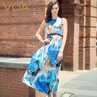 VOA O-Neck Sleeveless Silk Long Dress Blue Floral Maxi Dresses - intl  