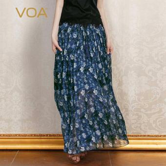 VOA Women's Fashion Silk Elasticated Waist Pleated Long Skirt Blue Floral - intl  