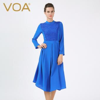 VOA Women's Lace Long Sleeves Empire Silk Stand Collar Slim Dress Royal Blue - intl  