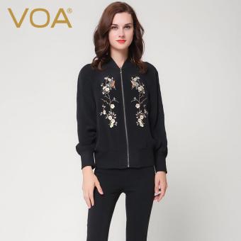VOA Women's Silk Baseball Collar Autumn Embroidered Jacket Black - intl  
