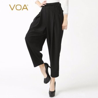 VOA Women's Silk Elasticated Waist Loose Casual Ankle Pants Black - intl  