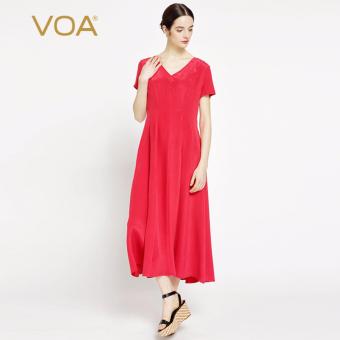 VOA Women's Silk Fashion V-Neck Short Sleeves Slim Lace Swing Dress Red - intl  