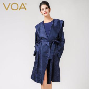 VOA Women's Silk Hooded Jacket Long Sleeve Maxi Coat Navy Blue - intl  