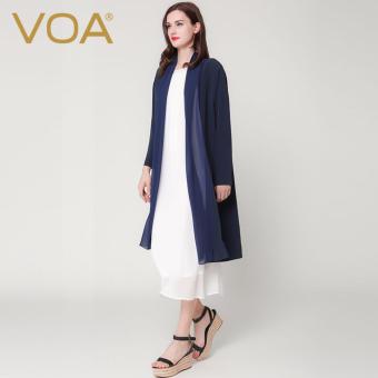 VOA Women's Silk Long Sleeve Casual Simple Wind Coat Navy Blue - intl  
