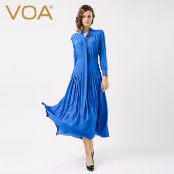 VOA Women's Silk Long Sleeves Fashion Casual Pleated Dress Sapphire - intl  