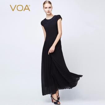 VOA Women's Silk New Solid Elegant Lace Patchwork Pleated Dress Black - intl  