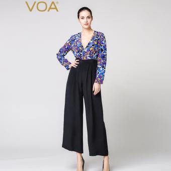 VOA Women's Silk New Spring Sexy V-Neck Long Sleeve Jumpsuit Blue Floral - intl  