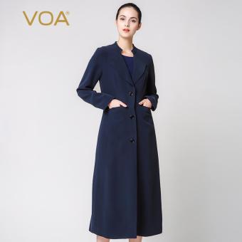 VOA Women's Silk New Winter Stand Collar Long Sleeves Solid Single Breasted Coat Navy Blue - intl  