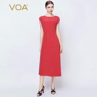 VOA Women's Silk O-Neck Short Sleeves Solid Casual Dress Red - intl  