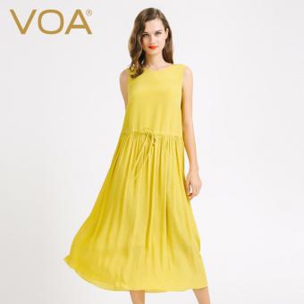 VOA Women's Silk O-Neck Sleeveless Loose Casual Dress Yellow - intl  