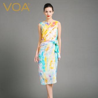 VOA Women's Silk O-Neck Sleeveless Midi Pencil Dresses Colorful - intl  