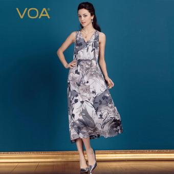 VOA Women's Silk Sexy V-Neck Sleeveless Beach Casual Dress Floral - intl  