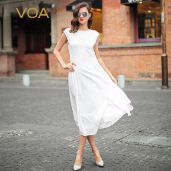 VOA Women's Silk Short Sleeves O-Neck Brief Casual Solid Dress White - intl  