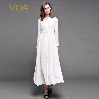 VOA Women's Silk V-Neck Long Sleeve T-Shirt  Dress White - intl  