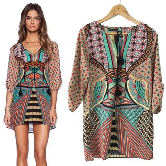 Wanita gaya bohemian pola geometris 3/4 lengan baju gaun vintage (International)  