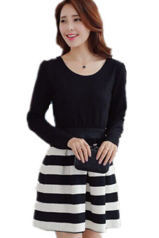 Wearing Black and White Striped Stitching Dress Knitted Midi Dress  