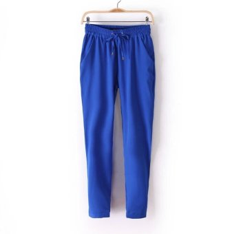 Western Style 2016 Summer Hot Sale Chiffon Pants Women Casual Harem Pants Drawstring Elastic Trousers Blue  
