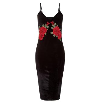 Woen Elegant Black Floral Ebroidery Knee Length Sleeveless Dress  