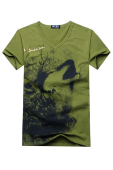 Wolf Printed V-neck T-shirt (Green)  