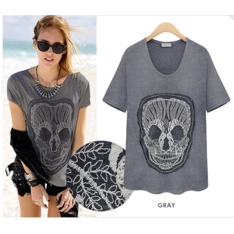 Woman Cotton Skull Embroidery Patch T-Shirt (Dark Gray)--TC  