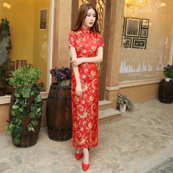 Woman fashion retro dress retro elegant Chinese maxi brocade short sleeves cheongsam dress - intl  