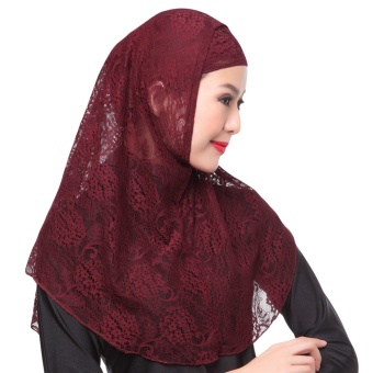 Woman Full Cover Muslim Hijab Two Piece Set Lace Solid Islamic Turban Cap Beanies Burgundy - intl  