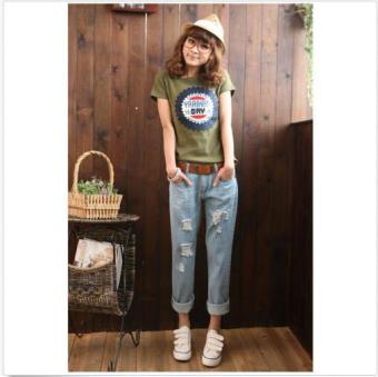 Woman Hole Stretch Loose Denim Jeans Pants Jeans Straight-leg Boyfriend Trousers  