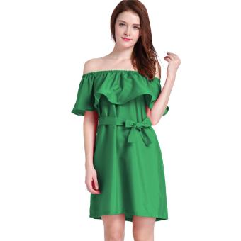 Woman sexy sleeveless mini Straight collar dress lotus leaf shoulder short skirt green - intl  