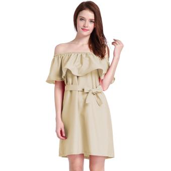 Woman sexy sleeveless mini Straight collar dress lotus leaf shoulder short skirt Khaki - intl  