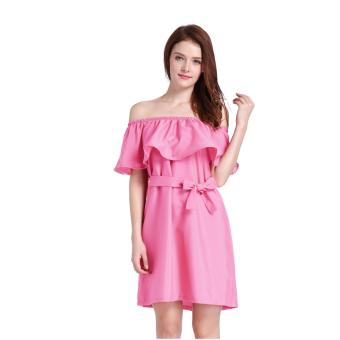 Woman sexy sleeveless mini Straight collar dress lotus leaf shoulder short skirt Pink - intl  