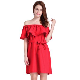 Woman sexy sleeveless mini Straight collar dress lotus leaf shoulder short skirt red - intl  
