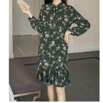 Women 2017 spring and summer Chiffon retro floral system bow tie printing bottom dress Slim pleated skirt green - intl  