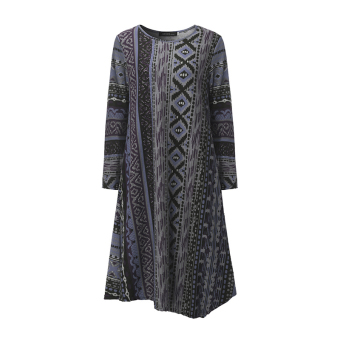 Women Autumn Ladies Casual Loose Asymmetrical Mid-calf Dresses Long Sleeve Vintage Print Dress Vestidos Plus Size (Grey) - intl  