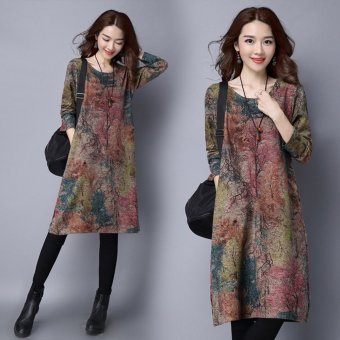 Women Autumn Midi Dresses New Large Size Retro Ethnic Loose Long Sleeved Dress (Brown) - intl  