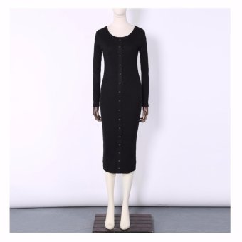 Women Basic Bodycon Knitted Dresses 2016 Autumn Winter Casual Long Sleeve Buttons Pencil Wrap Long Dress ?black? - intl  