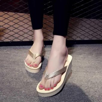 Women Beach sandals Summer Thick bottom Shoes Woman Flip Flops Wedge Slippers Shoes High Heels Sandals( Gold) - intl  