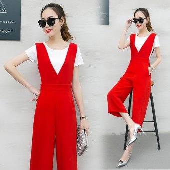 Women Bib Cropped Pants With White Shirts Two-Piece Suit Deep V-Line Collor Solid Wide Pants Overalls Elegant Dress - intl  