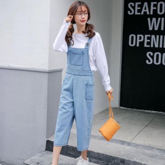 Women Bib Jeans Wide Cropped Jeans Bib Short Jeans Casual Overalls Loose Student Belt Pants Girls Denim Pants Casual Street Straps Siamese Trousers - intl  