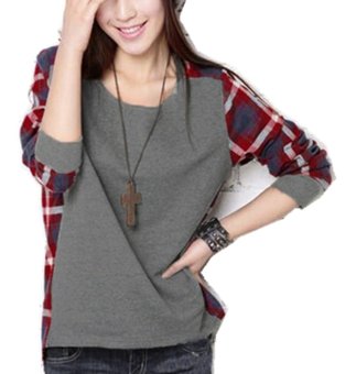 Women Casual Long Sleeve Round Neck Check Plaid Casual Loose Tops Shirt Blouse Grey NEW - intl  